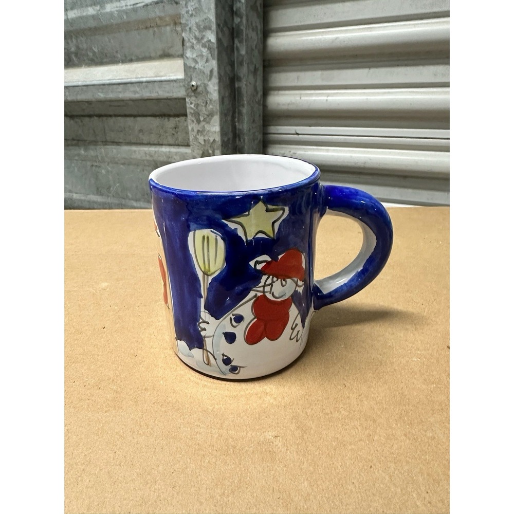 Hand Painted Italian Christmas Mug Snowman Blue Ceramic Cup